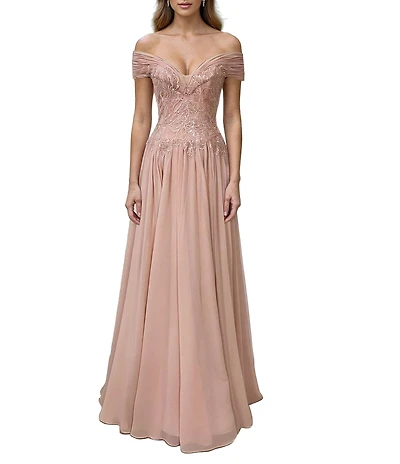 Terani Couture Off The Shoulder A Line Chiffon Gown