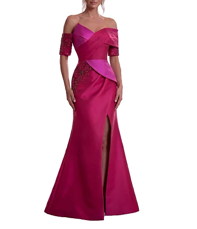 Terani Couture Off The Shoulder Color Block Mikado Gown