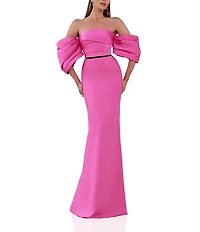 Terani Couture Off-The-Shoulder Draped Short Sleeves Matte Satin Column Gown