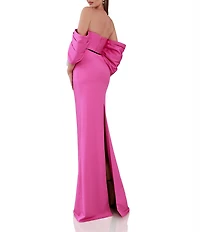 Terani Couture Off-The-Shoulder Draped Short Sleeves Matte Satin Column Gown