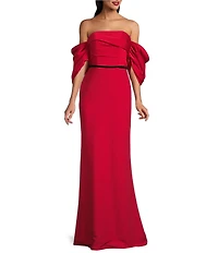 Terani Couture Off-The-Shoulder Draped Short Sleeves Matte Satin Column Gown