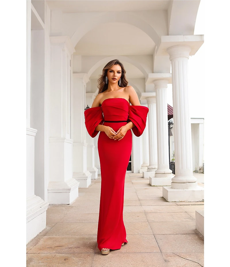Terani Couture Off-The-Shoulder Draped Short Sleeves Matte Satin Column Gown