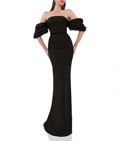 Terani Couture Off-The-Shoulder Draped Short Sleeves Matte Satin Column Gown