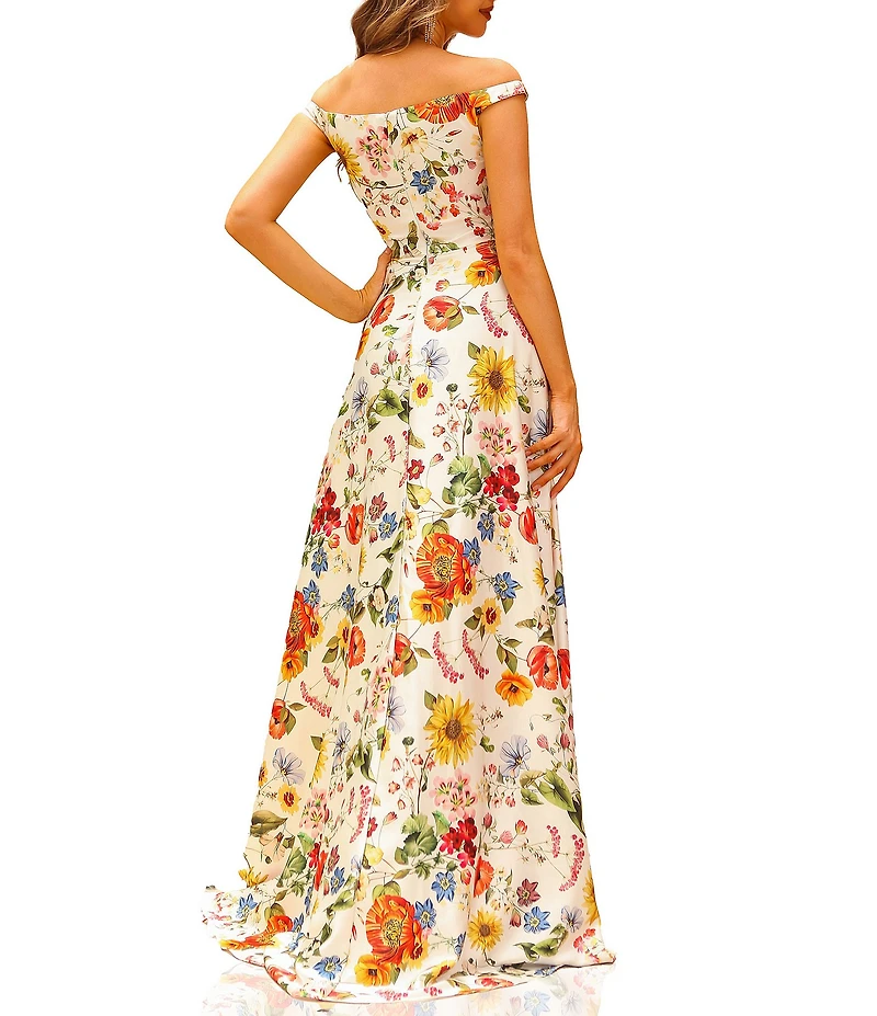 Terani Couture Off-The-Shoulder Floral Print Satin A-line Gown