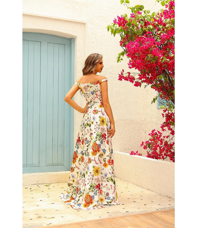 Terani Couture Off-The-Shoulder Floral Print Satin A-line Gown