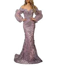 Terani Couture Off-The-Shoulder Long Sleeve 3D Flowers Gown