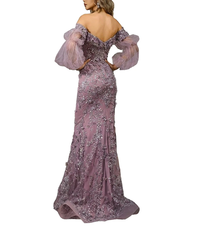 Terani Couture Off-The-Shoulder Long Sleeve 3D Flowers Gown