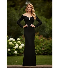 Terani Couture Off The Shoulder Long Sleeve Beaded Gown