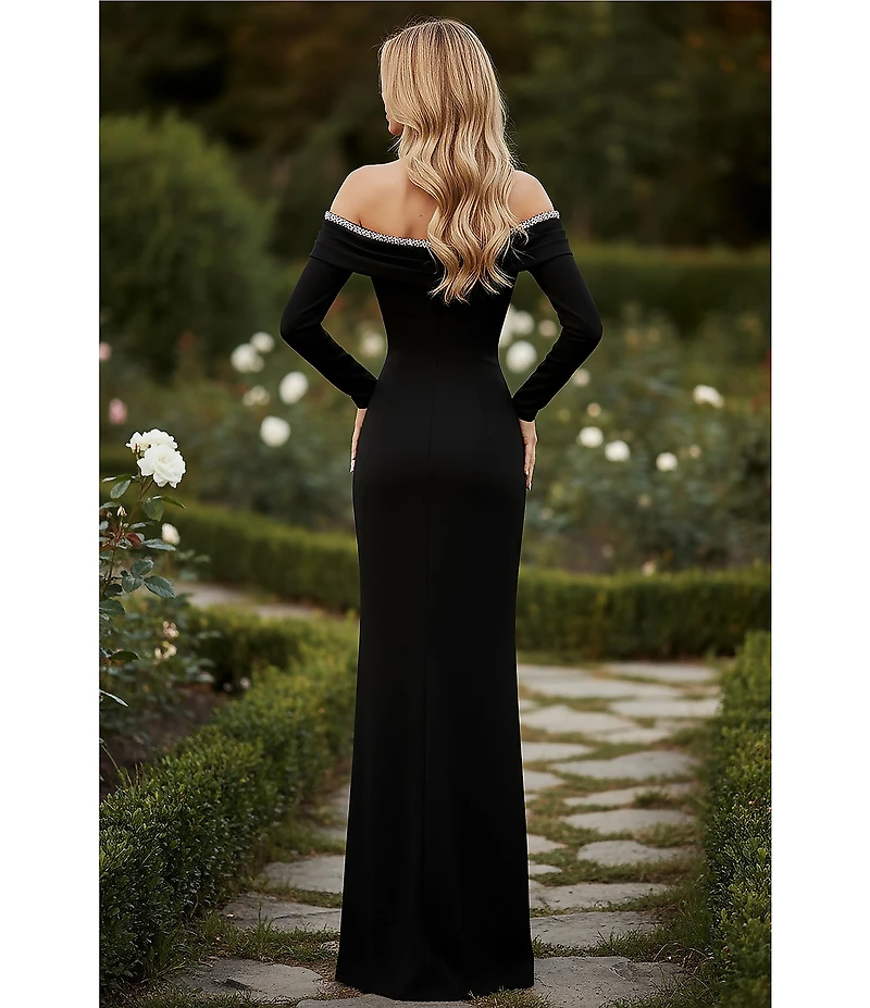 Terani Couture Off The Shoulder Long Sleeve Beaded Gown