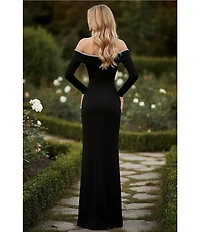 Terani Couture Off The Shoulder Long Sleeve Beaded Gown