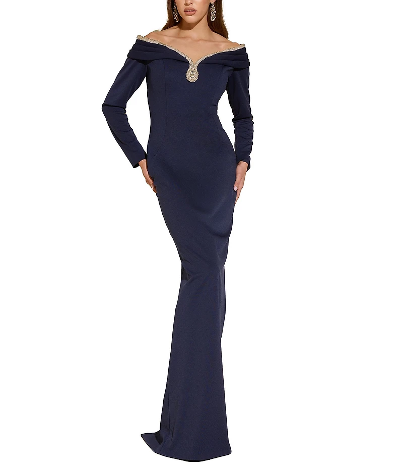 Terani Couture Off The Shoulder Long Sleeve Beaded Gown