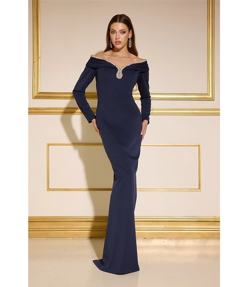 Terani Couture Off The Shoulder Long Sleeve Beaded Gown