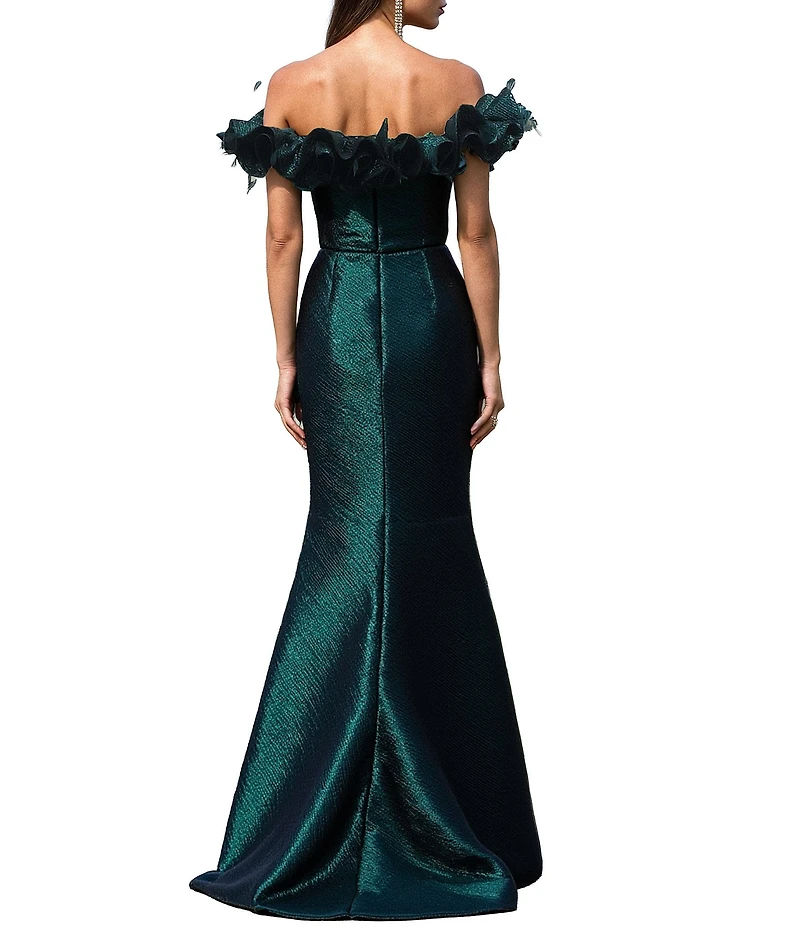Terani Couture Off The Shoulder Metallic Jacquard Long Dress