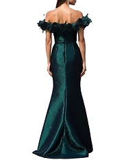 Terani Couture Off The Shoulder Metallic Jacquard Long Dress