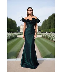 Terani Couture Off The Shoulder Metallic Jacquard Long Dress