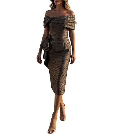 Terani Couture Off The Shoulder Metallic Midi Dress