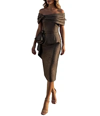 Terani Couture Off The Shoulder Metallic Midi Dress