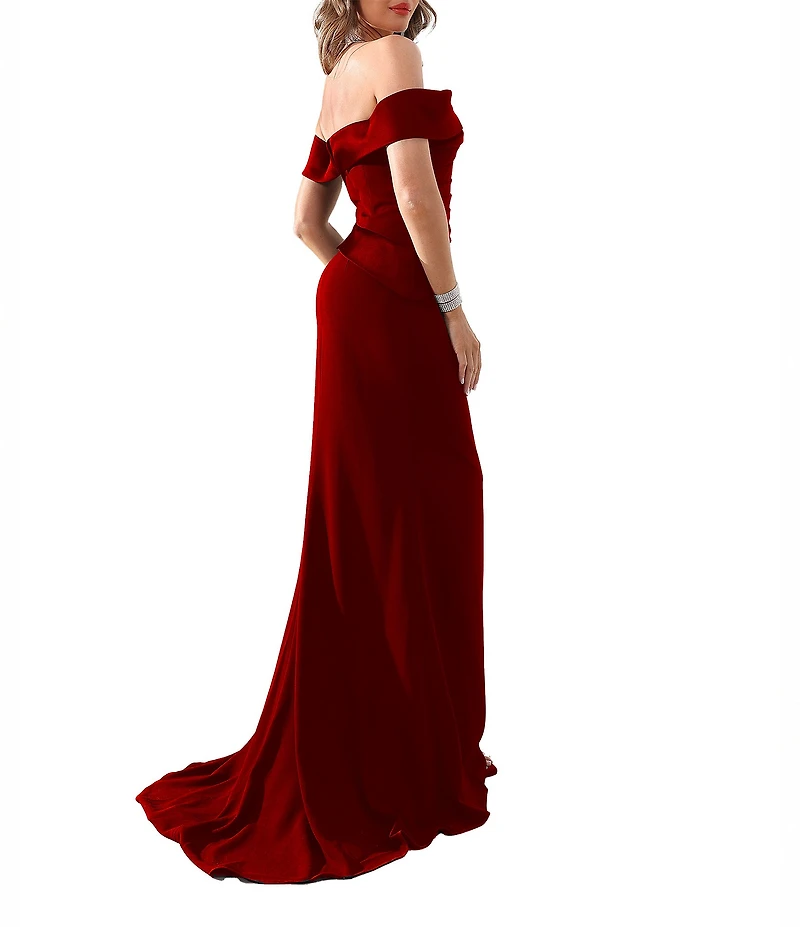 Terani Couture Off The Shoulder Pleated Bodice Crepe Mermaid Gown
