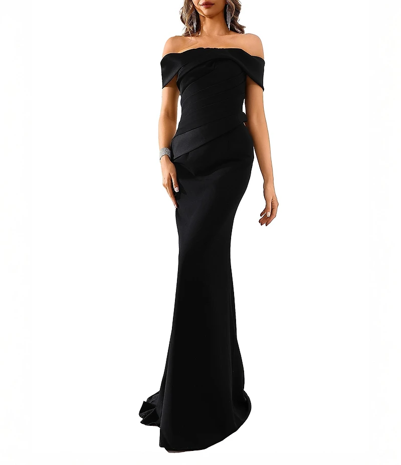 Terani Couture Off The Shoulder Pleated Bodice Crepe Mermaid Gown
