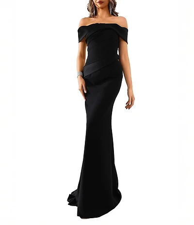 Terani Couture Off The Shoulder Pleated Bodice Crepe Mermaid Gown