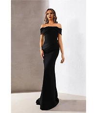 Terani Couture Off The Shoulder Pleated Bodice Crepe Mermaid Gown