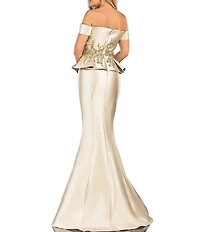 Terani Couture Off-the-Shoulder Pleated Floral Beaded Bodice Mermaid Gown