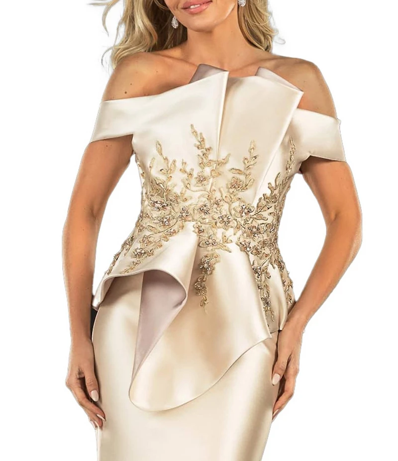 Terani Couture Off-the-Shoulder Pleated Floral Beaded Bodice Mermaid Gown