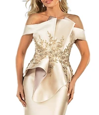 Terani Couture Off-the-Shoulder Pleated Floral Beaded Bodice Mermaid Gown
