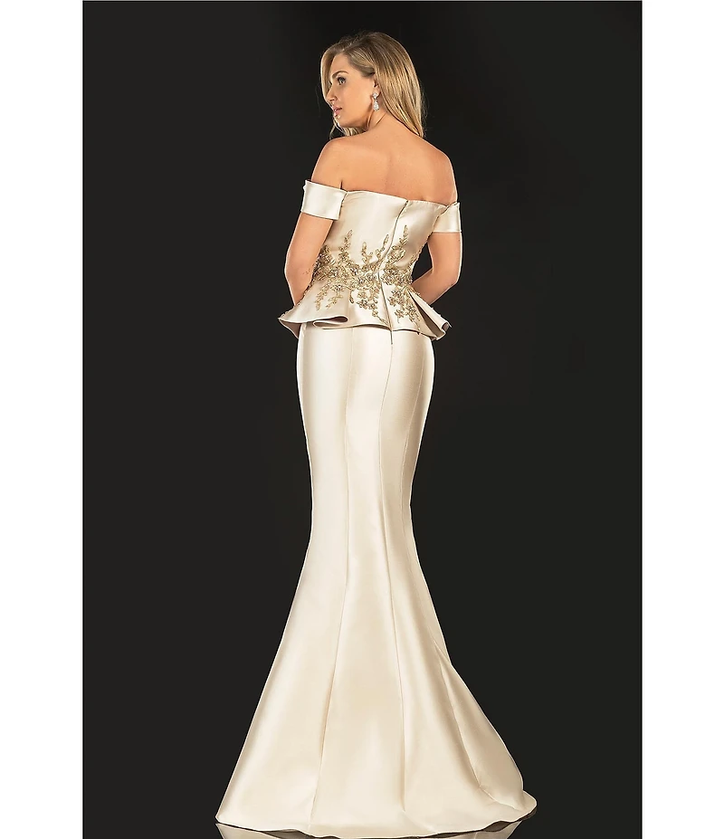 Terani Couture Off-the-Shoulder Pleated Floral Beaded Bodice Mermaid Gown