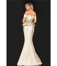 Terani Couture Off-the-Shoulder Pleated Floral Beaded Bodice Mermaid Gown