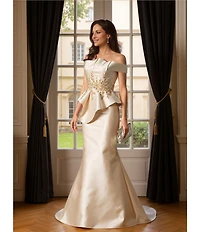 Terani Couture Off-the-Shoulder Pleated Floral Beaded Bodice Mermaid Gown