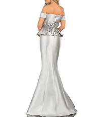Terani Couture Off-the-Shoulder Pleated Floral Beaded Bodice Mermaid Gown