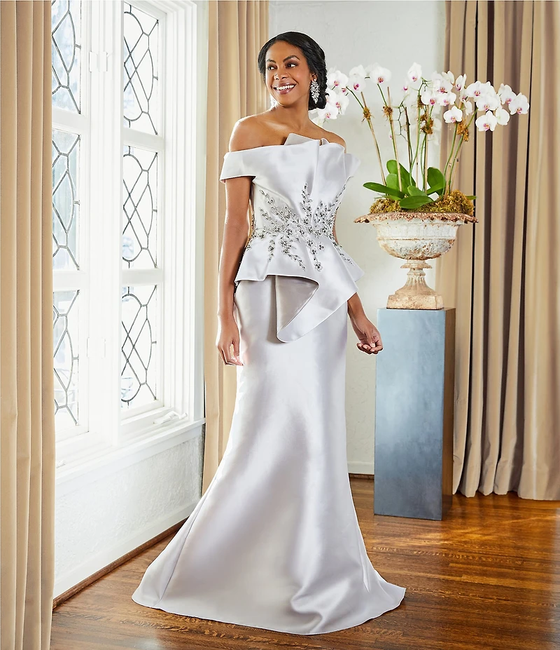 Terani Couture Off-the-Shoulder Pleated Floral Beaded Bodice Mermaid Gown