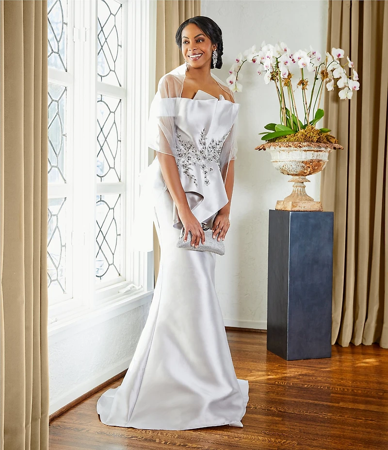 Terani Couture Off-the-Shoulder Pleated Floral Beaded Bodice Mermaid Gown
