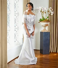 Terani Couture Off-the-Shoulder Pleated Floral Beaded Bodice Mermaid Gown