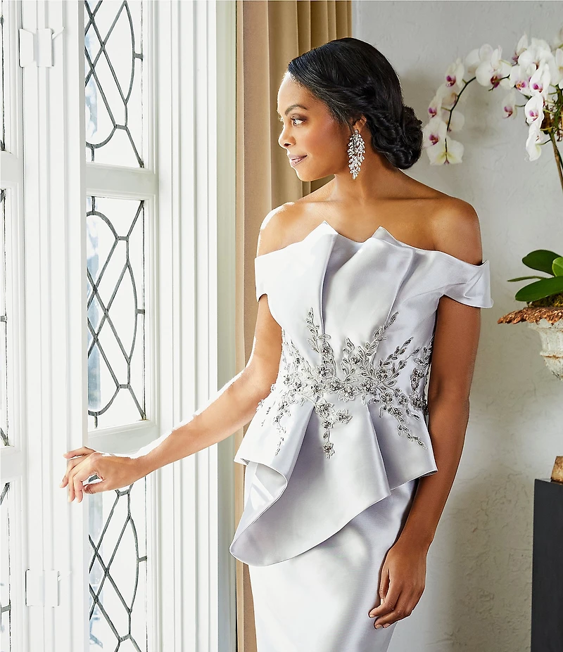 Terani Couture Off-the-Shoulder Pleated Floral Beaded Bodice Mermaid Gown
