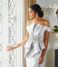 Terani Couture Off-the-Shoulder Pleated Floral Beaded Bodice Mermaid Gown