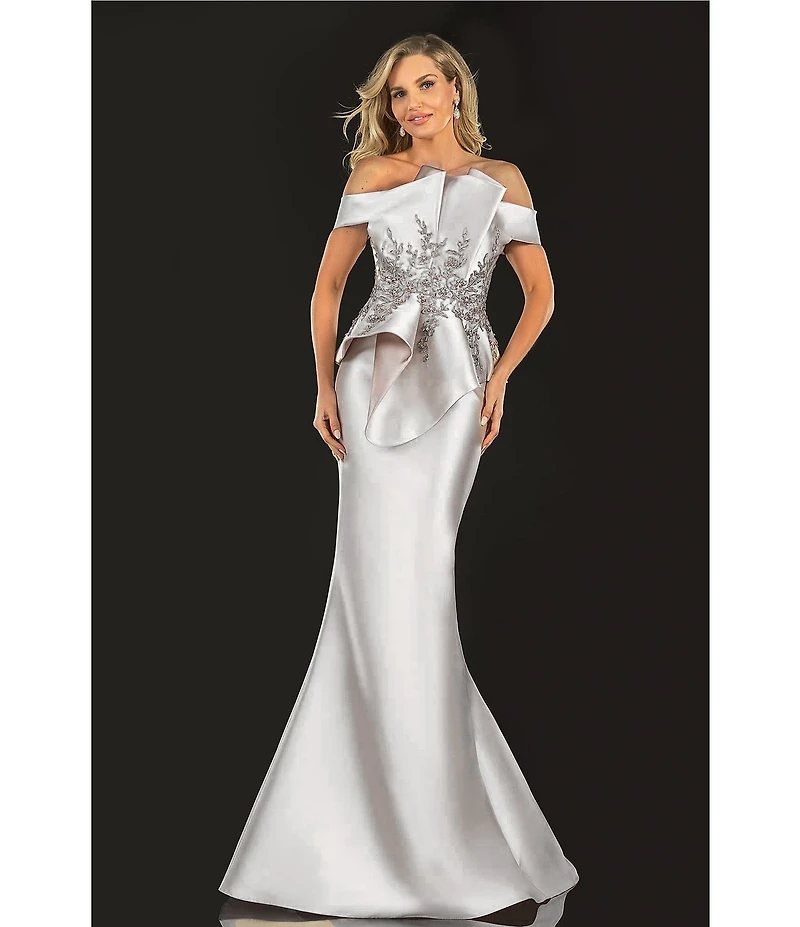 Terani Couture Off-the-Shoulder Pleated Floral Beaded Bodice Mermaid Gown