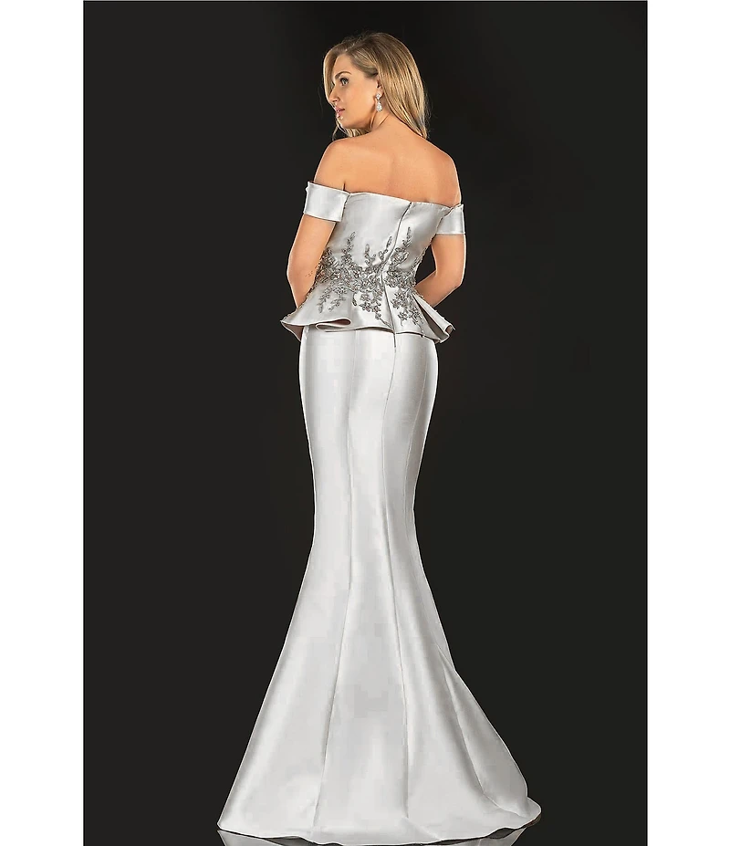 Terani Couture Off-the-Shoulder Pleated Floral Beaded Bodice Mermaid Gown
