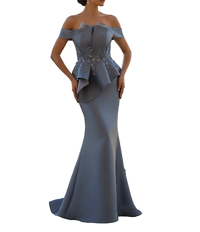 Terani Couture Off-the-Shoulder Pleated Floral Beaded Bodice Mermaid Gown