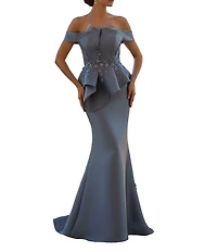 Terani Couture Off-the-Shoulder Pleated Floral Beaded Bodice Mermaid Gown