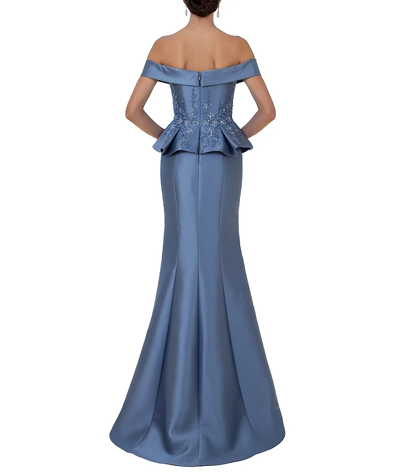 Terani Couture Off-the-Shoulder Pleated Floral Beaded Bodice Mermaid Gown