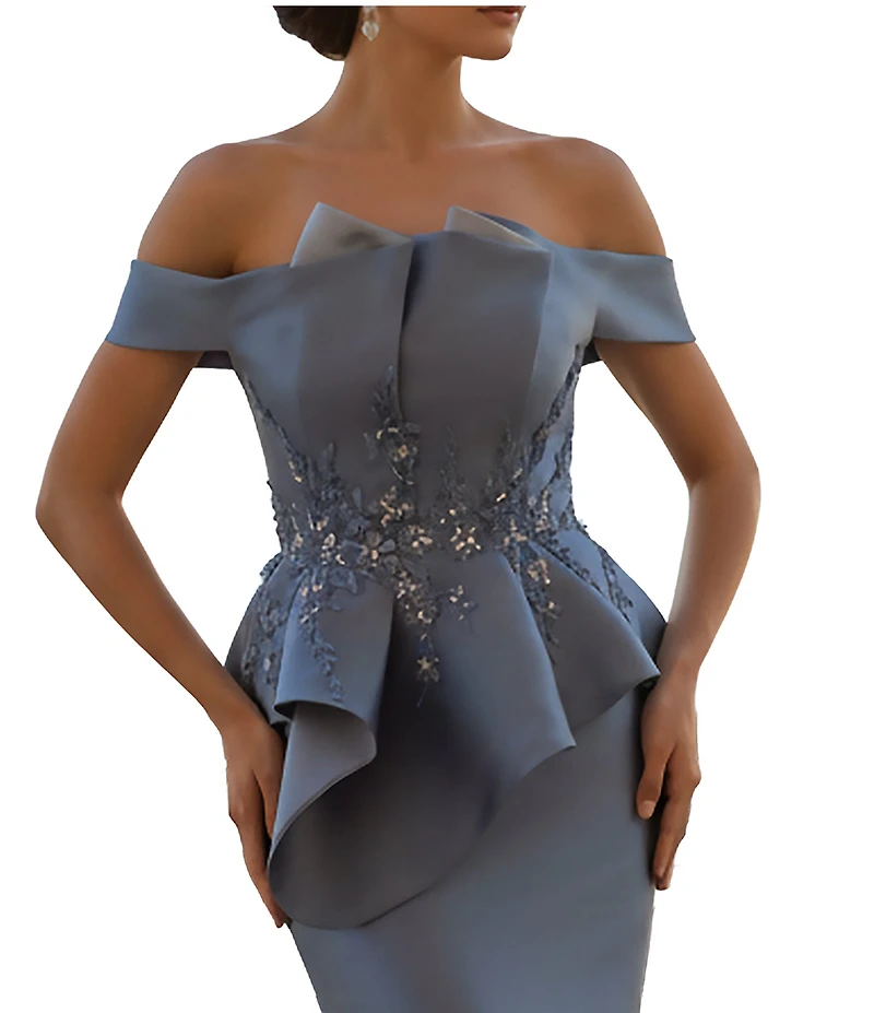 Terani Couture Off-the-Shoulder Pleated Floral Beaded Bodice Mermaid Gown