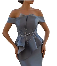 Terani Couture Off-the-Shoulder Pleated Floral Beaded Bodice Mermaid Gown