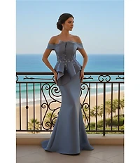 Terani Couture Off-the-Shoulder Pleated Floral Beaded Bodice Mermaid Gown