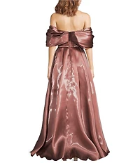 Terani Couture Off-The-Shoulder Pleated Short Sleeve Shimmer Organza A-Line Gown