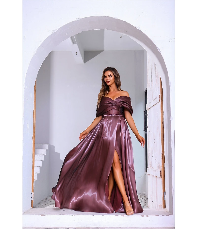 Terani Couture Off-The-Shoulder Pleated Short Sleeve Shimmer Organza A-Line Gown