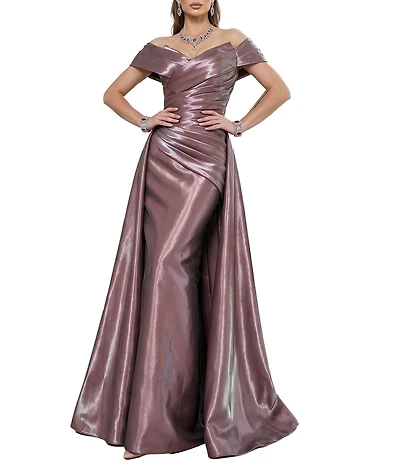 Terani Couture Off-The-Shoulder Pleated Waist Gown With Over Skirt