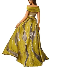 Terani Couture Off-The-Shoulder Printed Burn Out Chiffon Ballgown