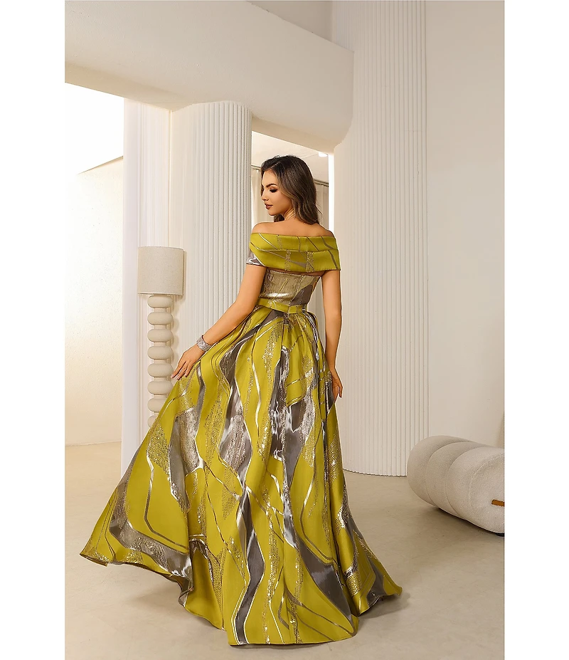 Terani Couture Off-The-Shoulder Printed Burn Out Chiffon Ballgown